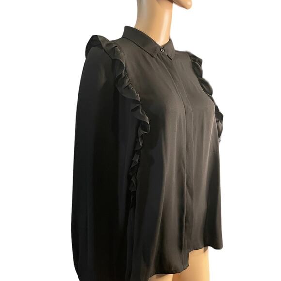Leith black long sleeve lightweight button down ruffle blouse size medium - Picture 2 of 13